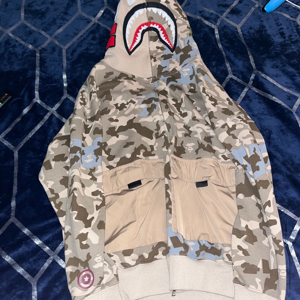 Gray and Tan Hooded Puffer Jacket with Shark Design